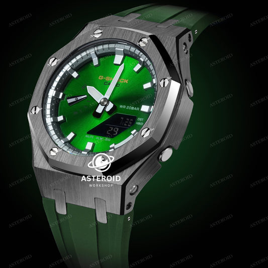 Grey Case Green Strap Double Sliver Time Mark Green Dial