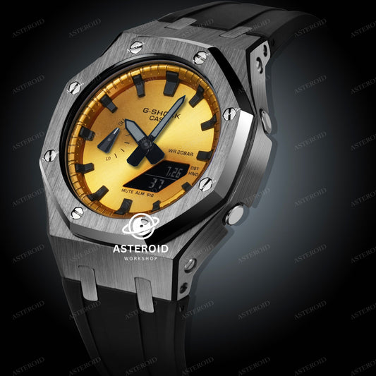 Grey Case Rubber Strap Gold Black Time Mark Gold Dial