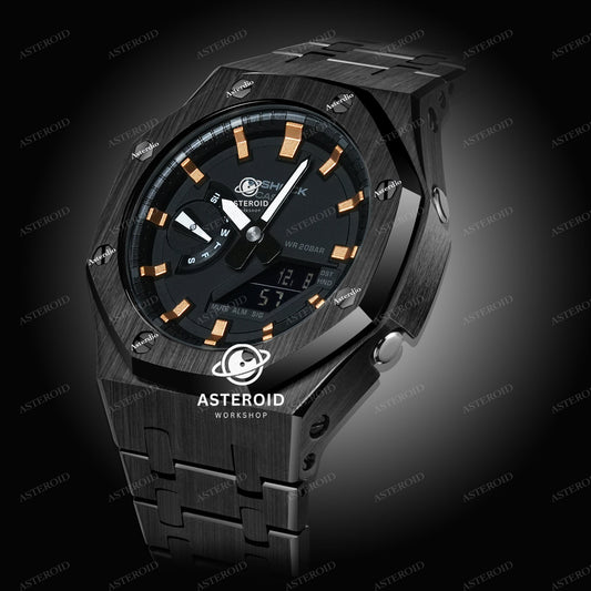 Black Case Metal Strap Rose Gold Time Mark Black Dial