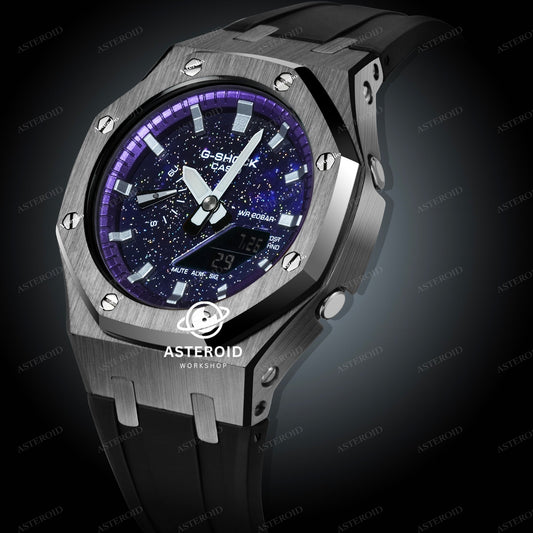 Grey Case Black Strap Purple Silver Time Galaxy Dial