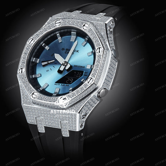 Diamond Case Black Strap Silver Time Mark Ice Blue Dial