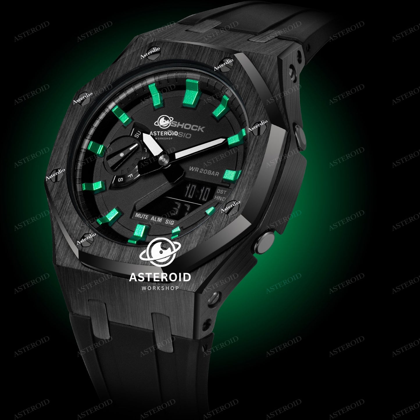 Black Case Rubber Strap Green Time Mark Black Dial