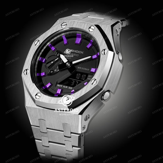 Silver Case Metal Strap Purple Time Mark Black Dial