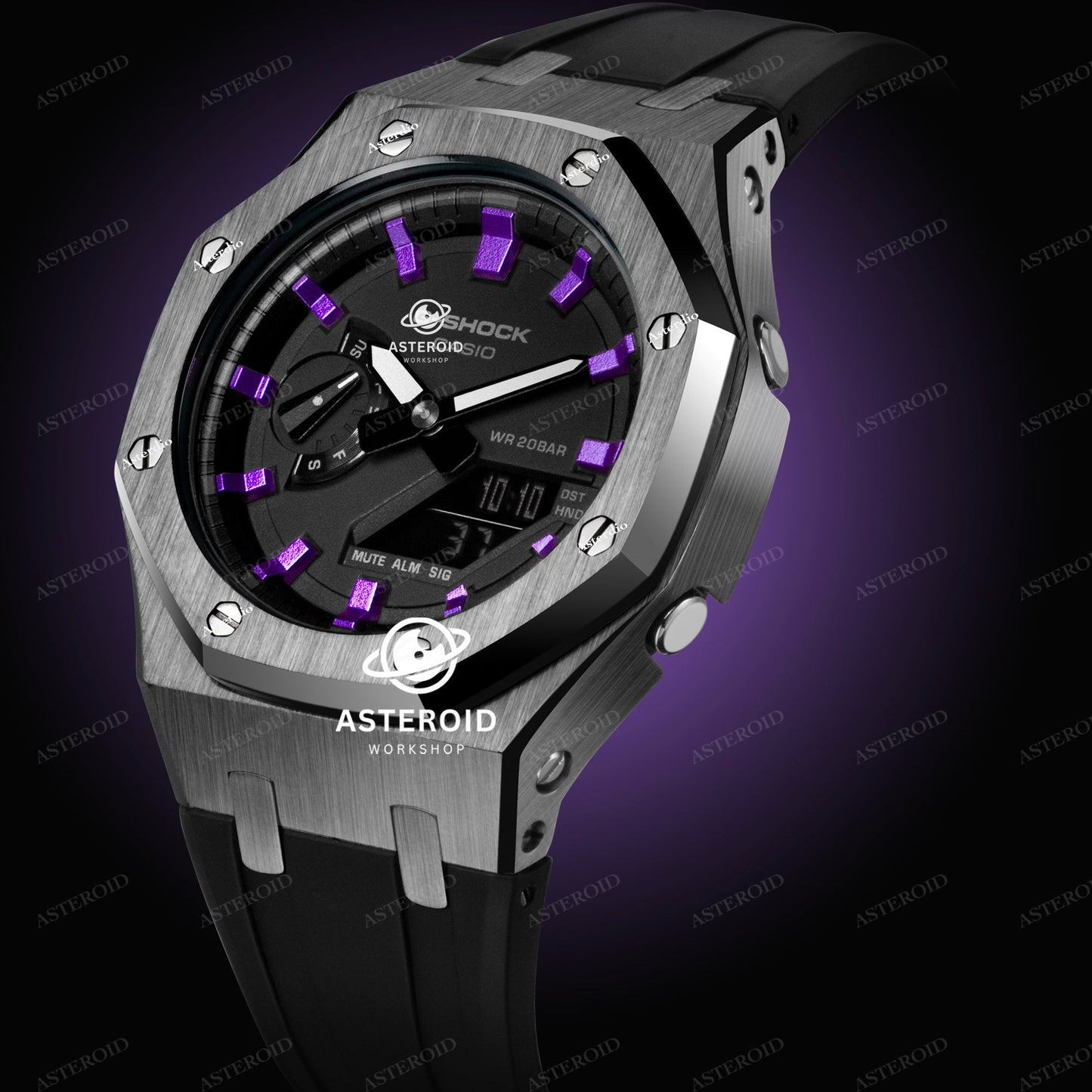 Grey Case Rubber Strap Purple Time Mark Black Dial