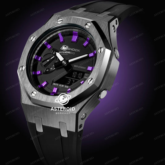 Grey Case Rubber Strap Purple Time Mark Black Dial