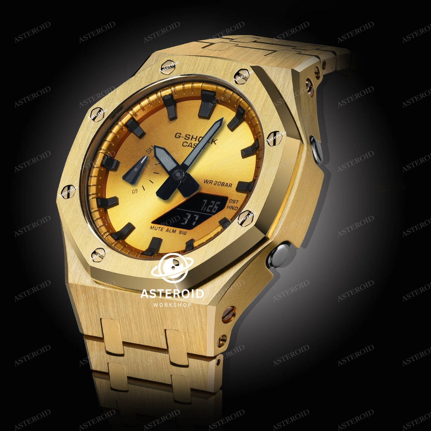 Gold Case Metal Strap Gold Black Time Mark Gold Dial