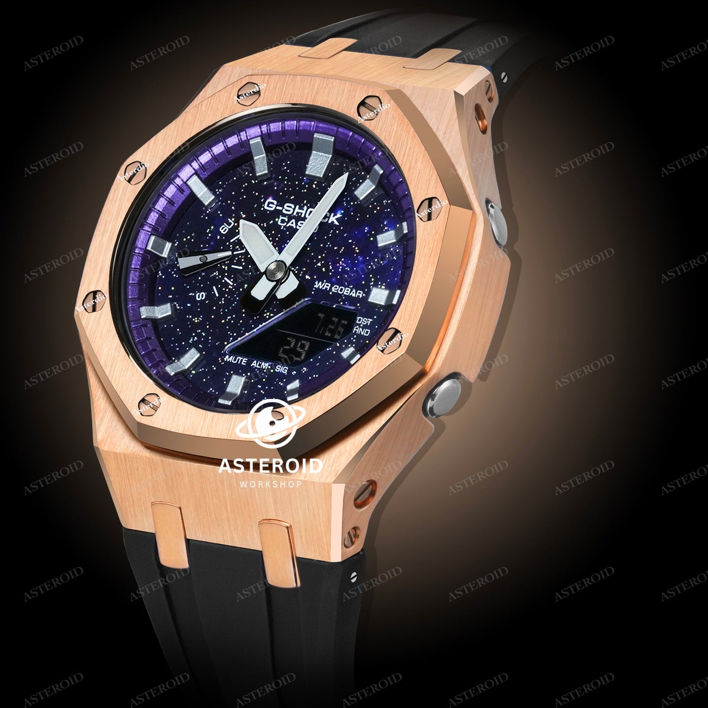 Rose Gold Case Black Strap Purple Silver Time Galaxy Dial