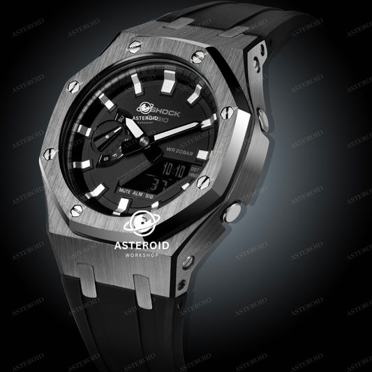 Grey Case Rubber Strap Silver Time Mark Black Dial