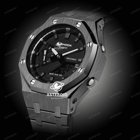 Grey Case Metal Strap Meteorite Time Mark Black Dial