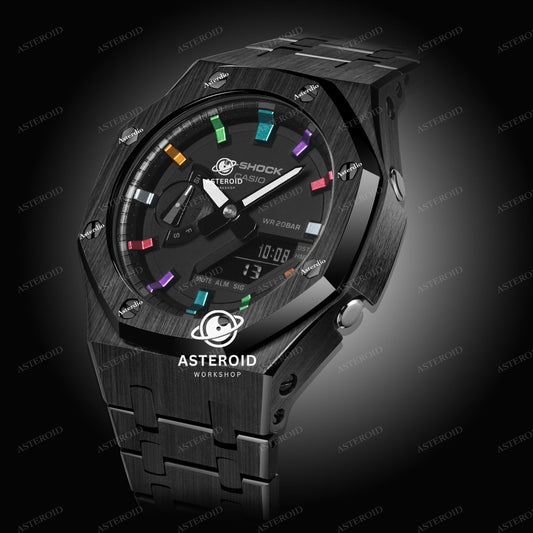 Black Case Metal Strap Rainbow Time Mark Black Dial