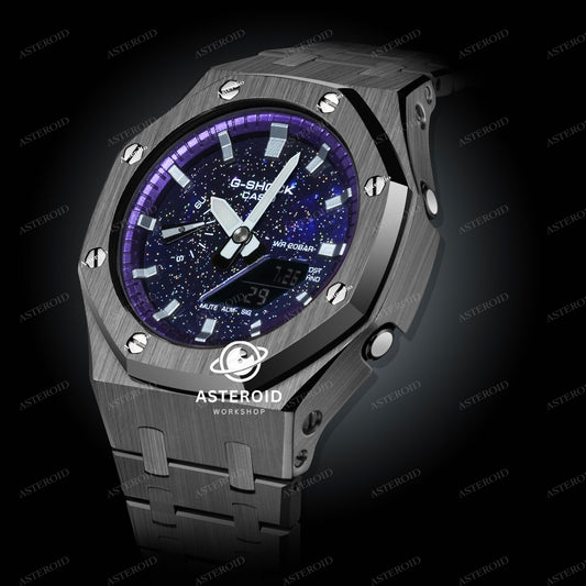 Grey Case Metal Strap Purple Silver Time Galaxy Dial