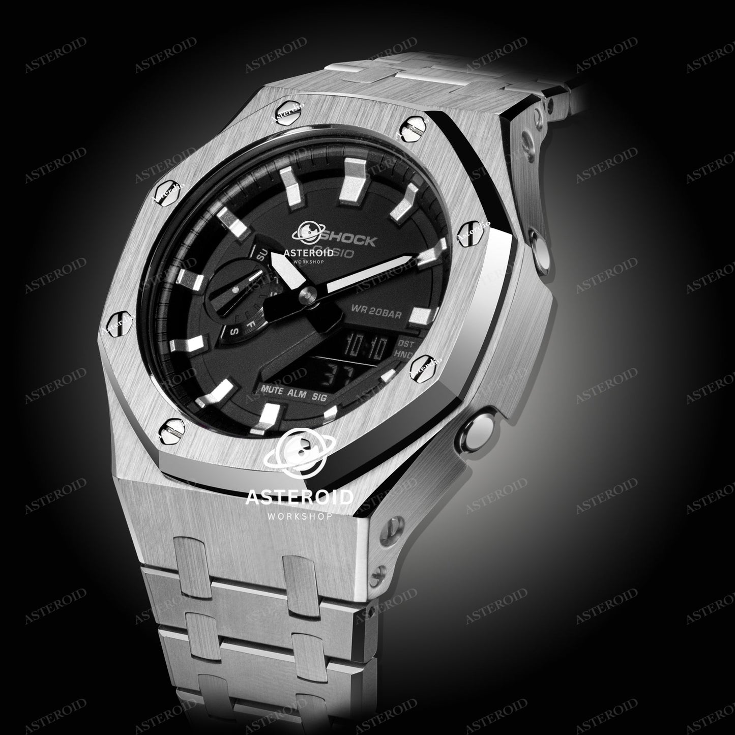 Silver Case Metal Strap Silver Time Mark Black Dial