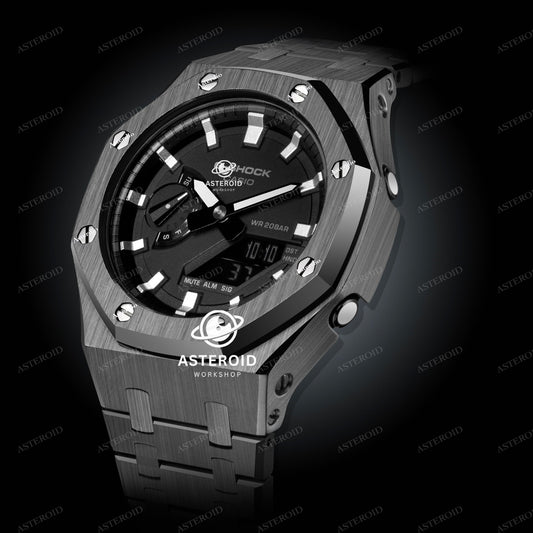 Grey Case Metal Strap Silver Time Mark Black Dial