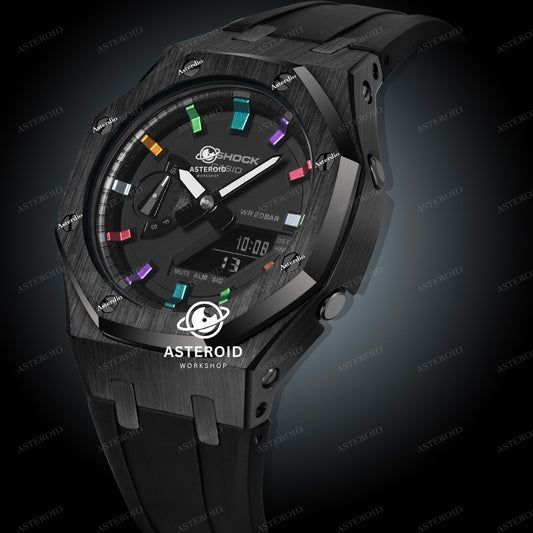 Black Case Rubber Strap Rainbow Time Mark Black Dial