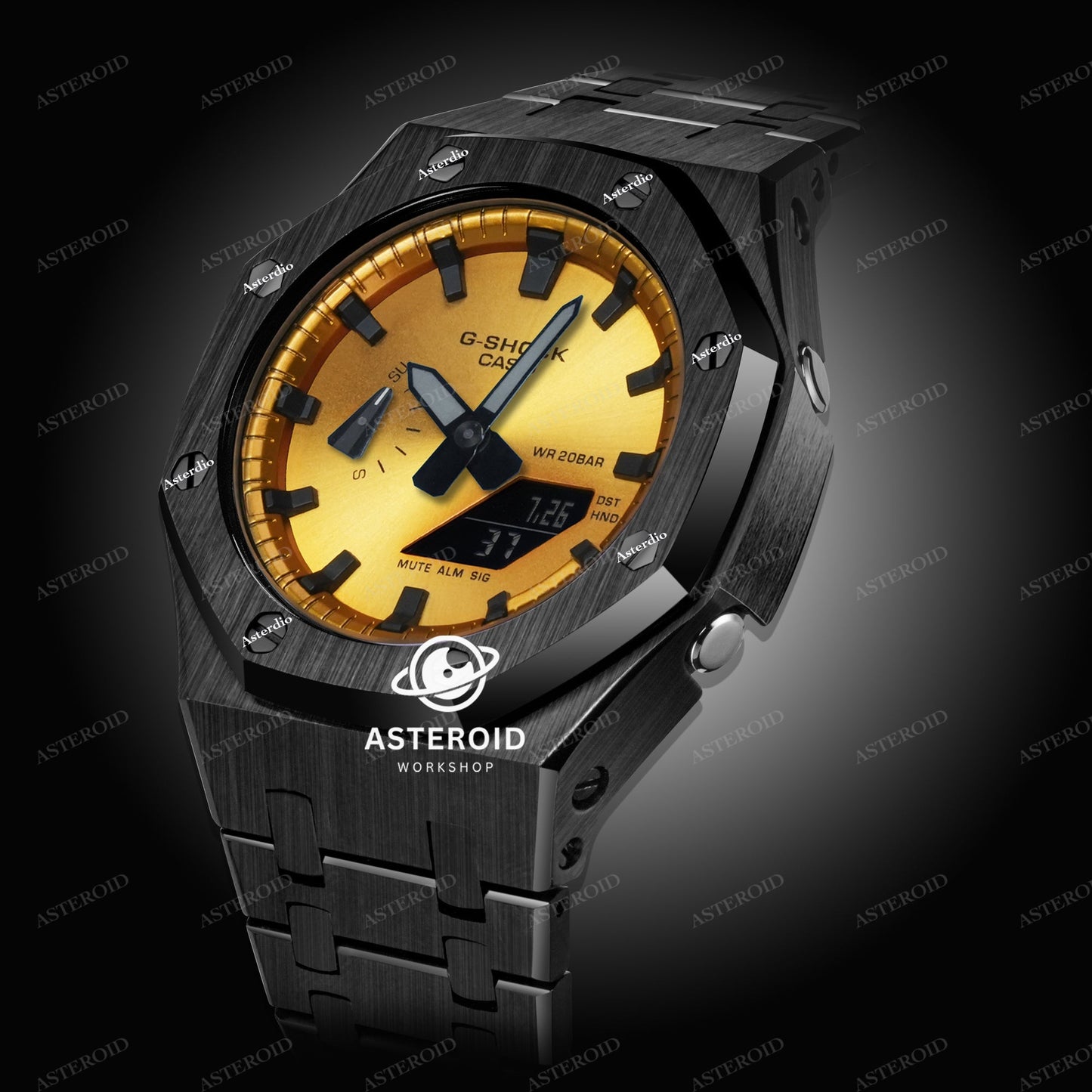 Black Case Metal Strap Gold Black Time Mark Gold Dial