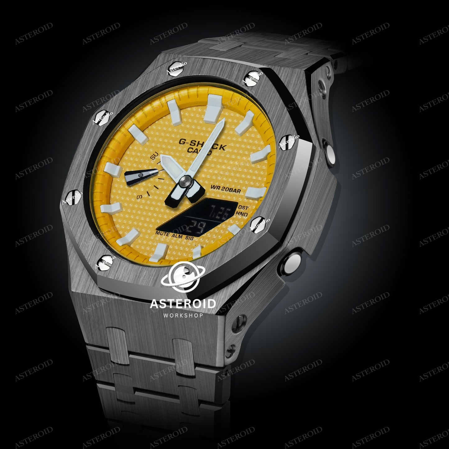 Grey Case Metal Strap Yellow White Time Mark Yellow Dial