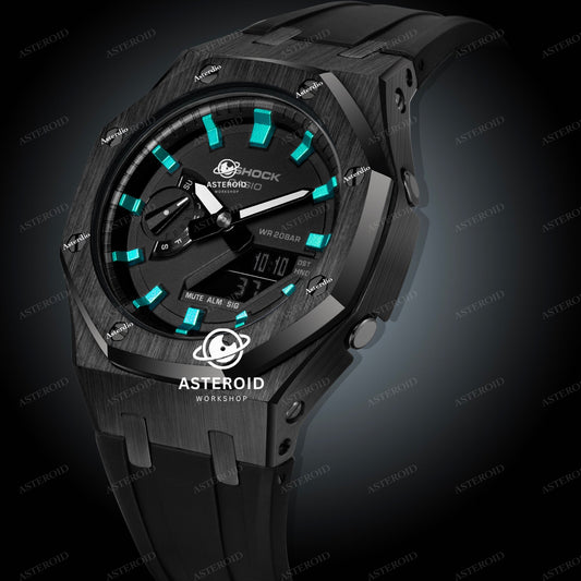 Black Case Rubber Strap Turquoise Time Mark Black Dial