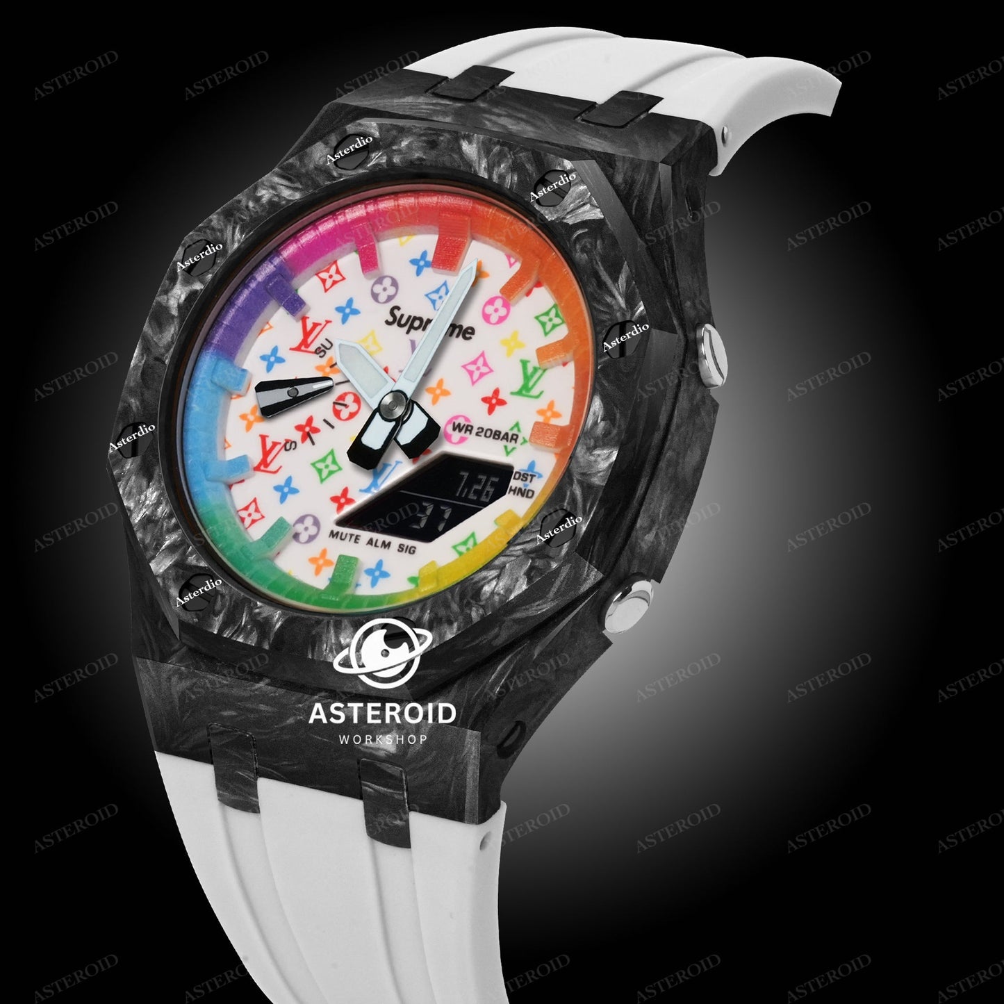 Carbon Fiber Case White Strap Rainbow Time Mark White Dial