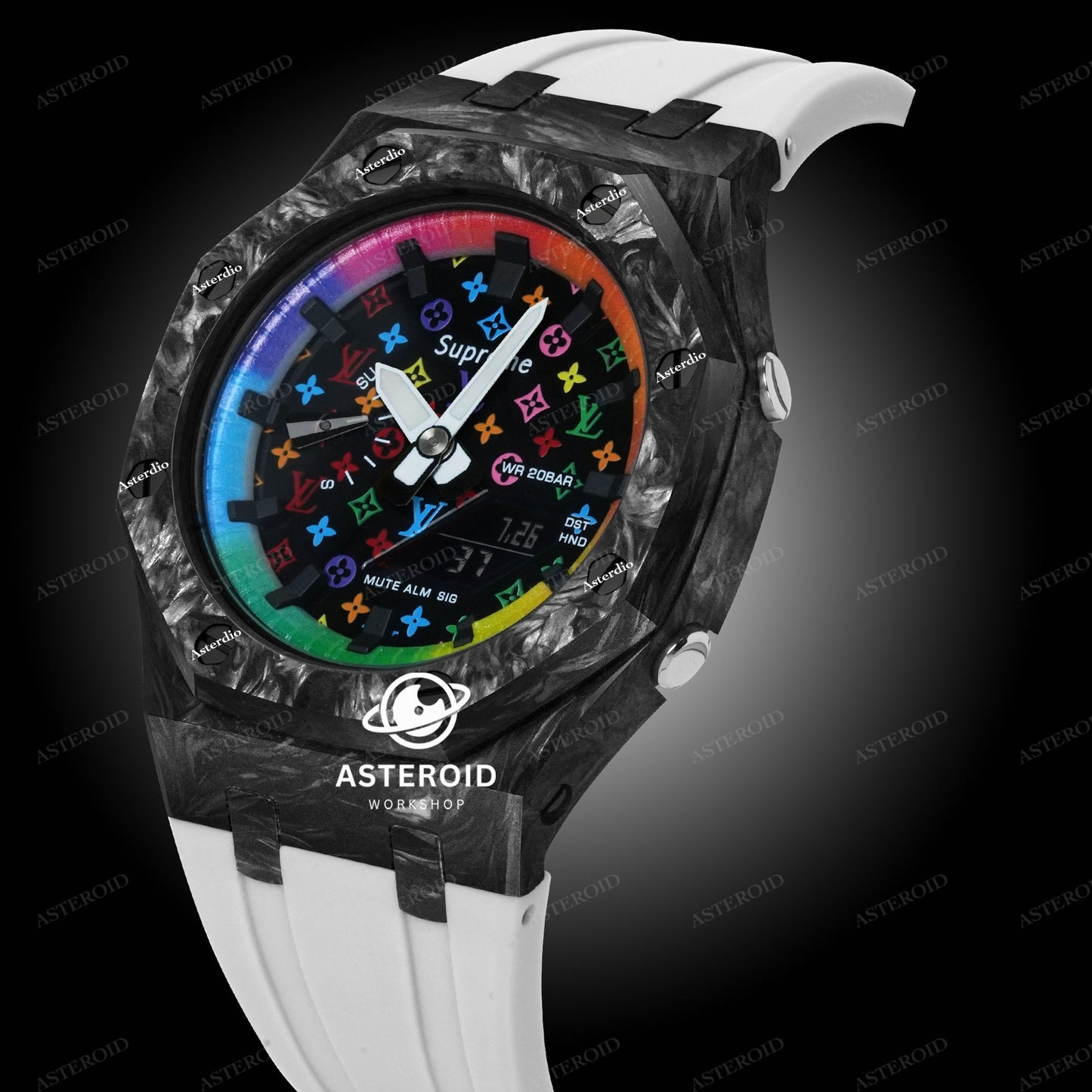 Carbon Fiber Case White Strap Rainbow Time Mark Black Dial