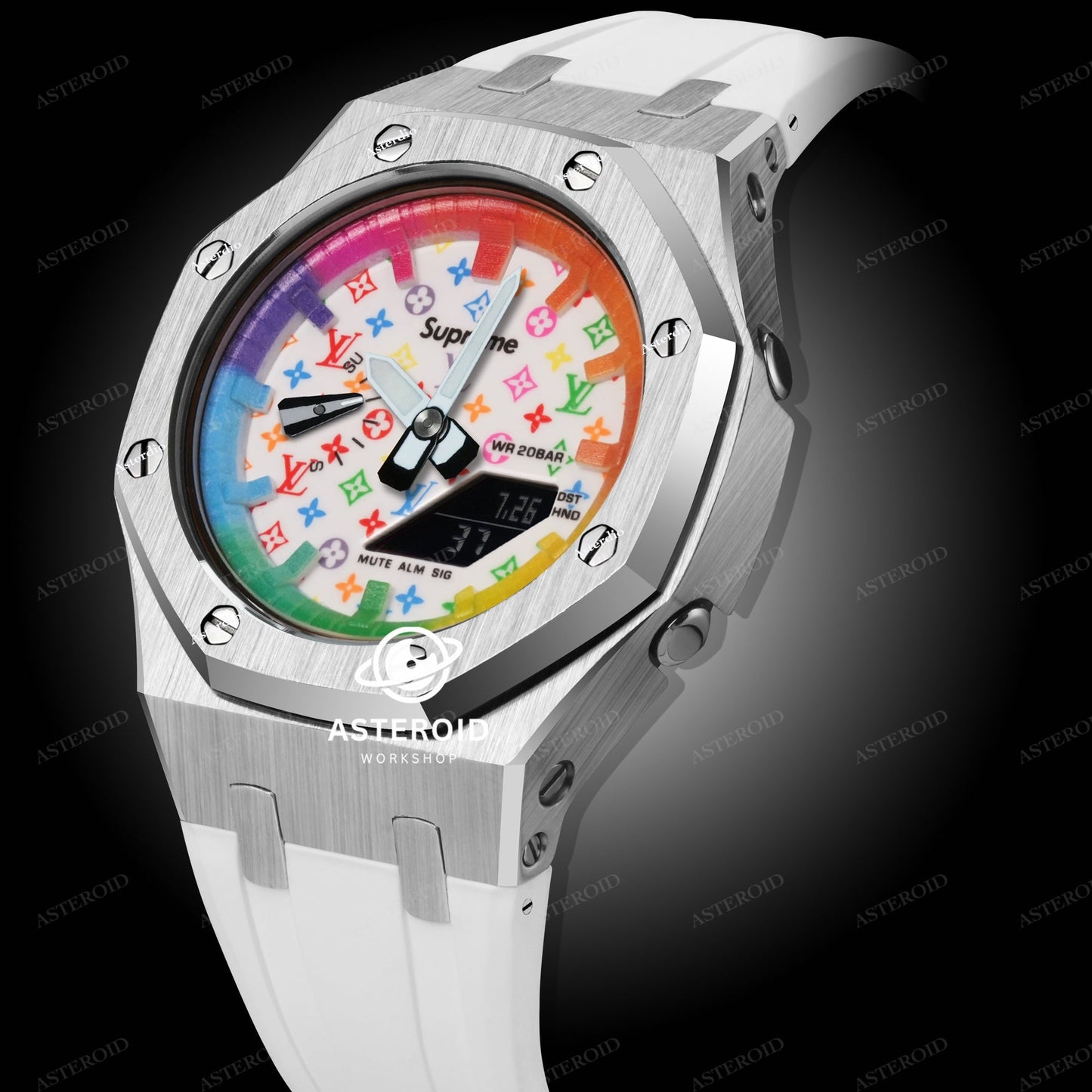 Silver Case White Strap Rainbow Time Mark White Dial