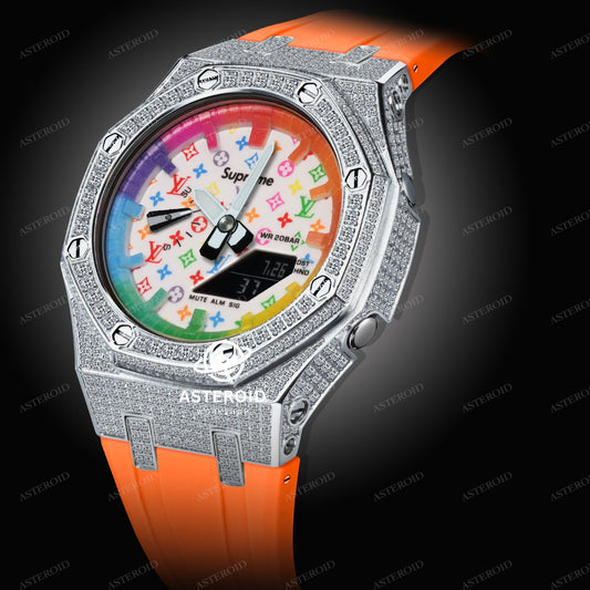 Diamond Case Orange Strap Rainbow Time Mark White Dial