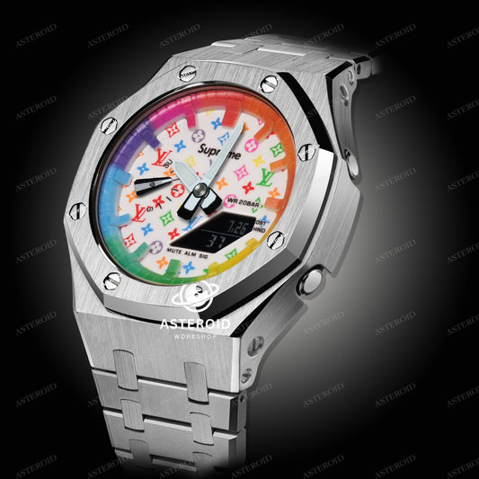 Silver Case Metal Strap Rainbow Time Mark White Dial