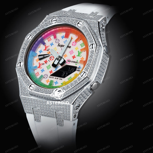 Diamond Case White Strap Rainbow Time Mark White Dial