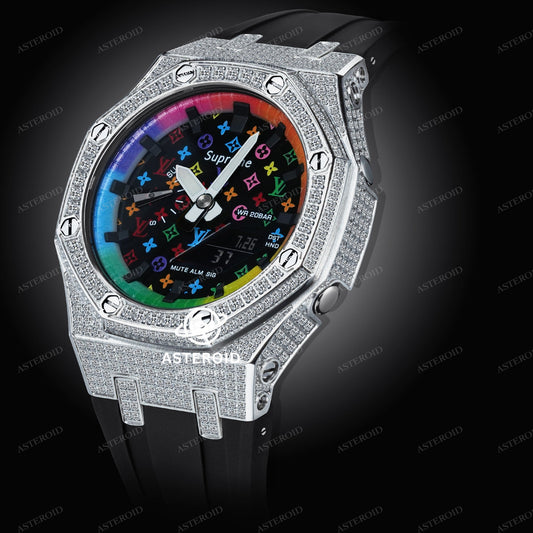 Diamond Case Black Strap Rainbow Time Mark Black Dial