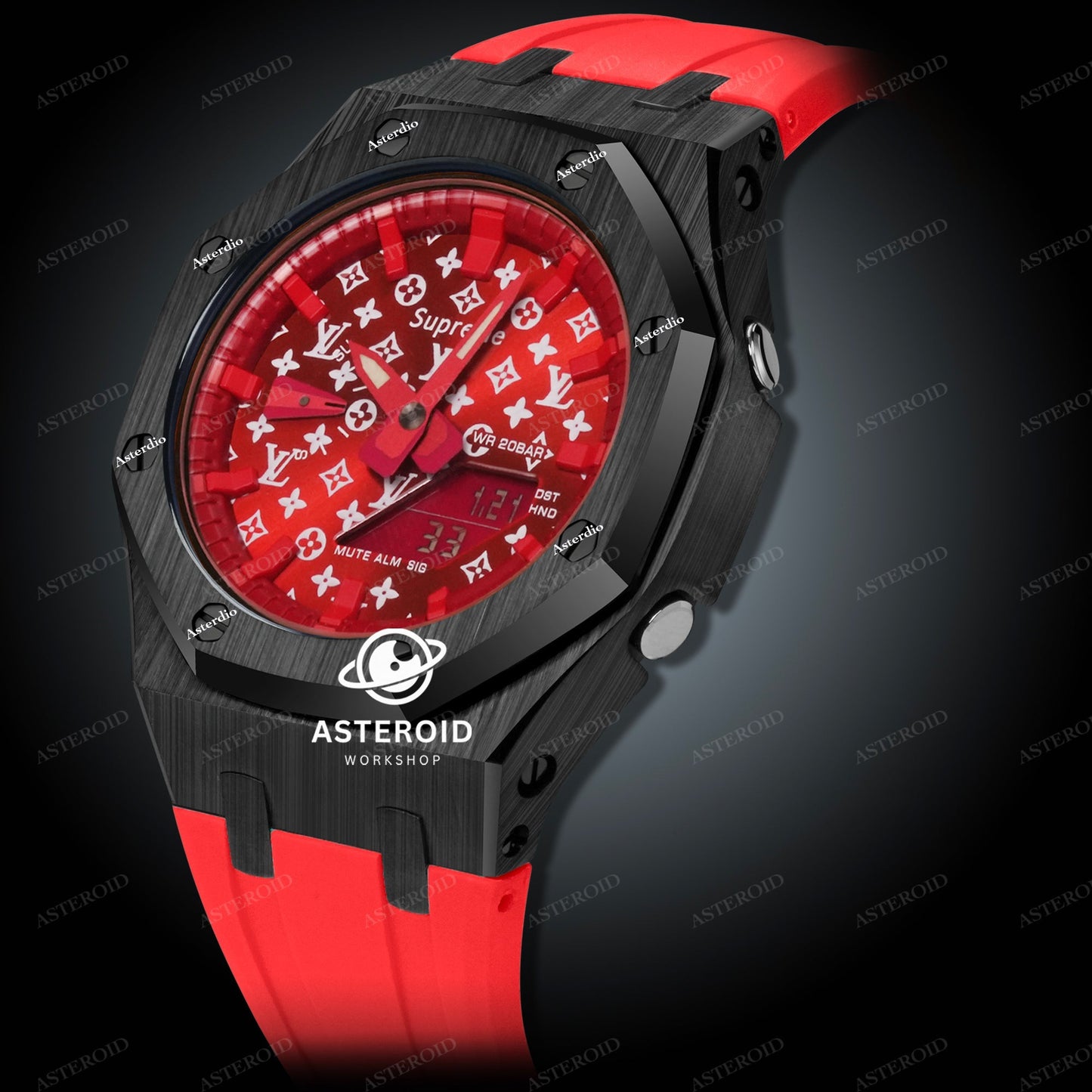 Black Case Metal Strap Red Time Mark Red Dial