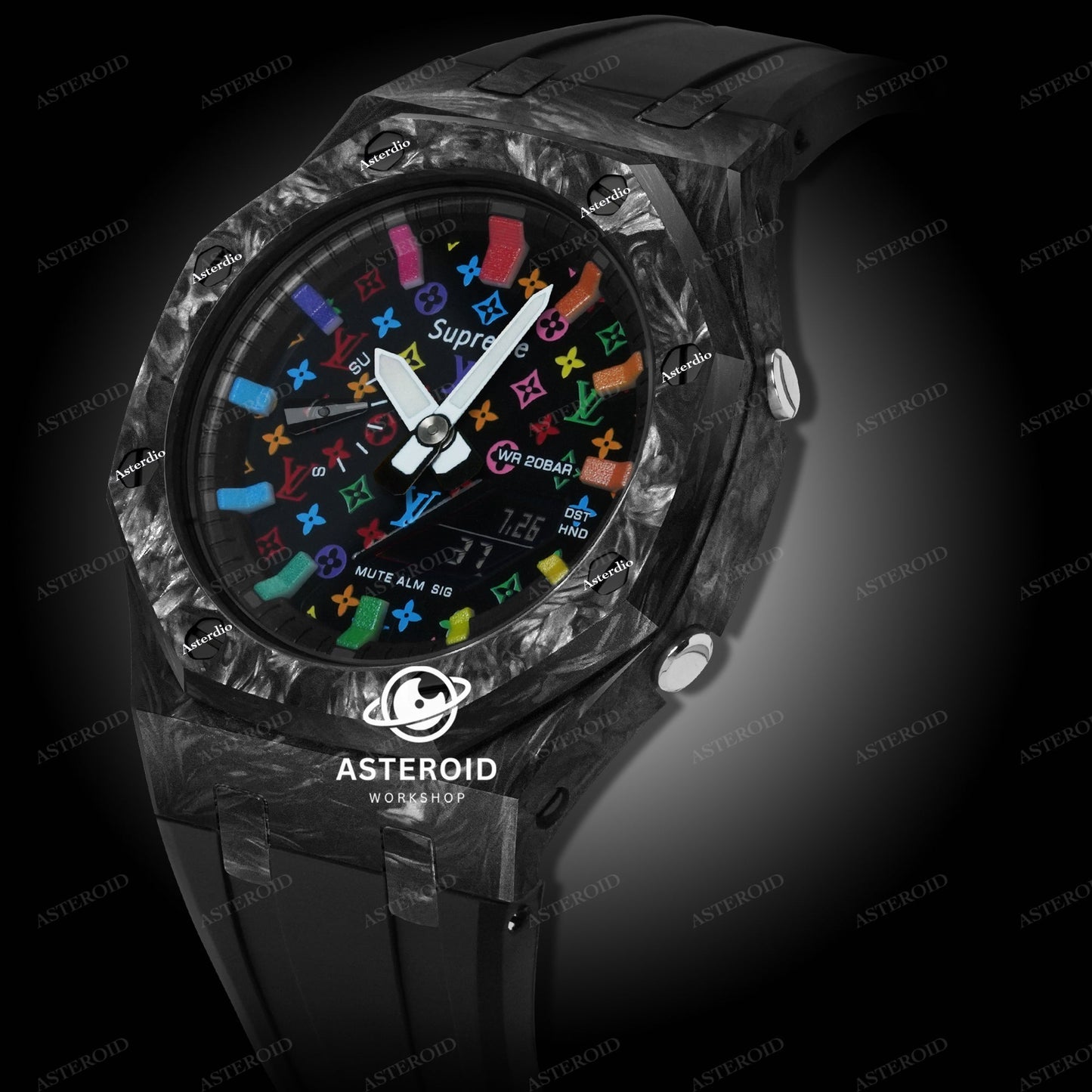 Carbon Fiber Case Black Strap Rainbow Time Mark Black Dial