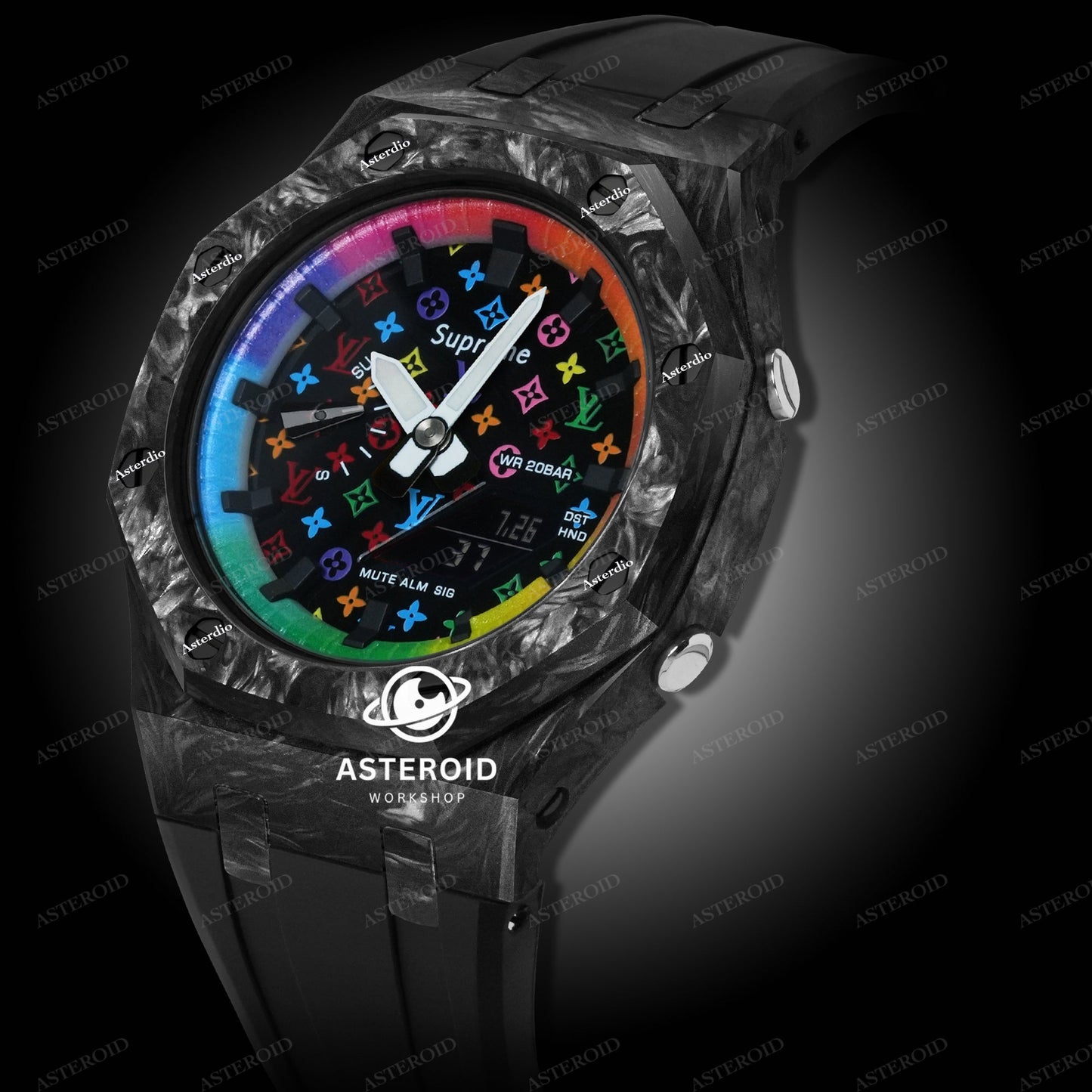 Carbon Fiber Case Black Strap Rainbow Time Mark Black Dial