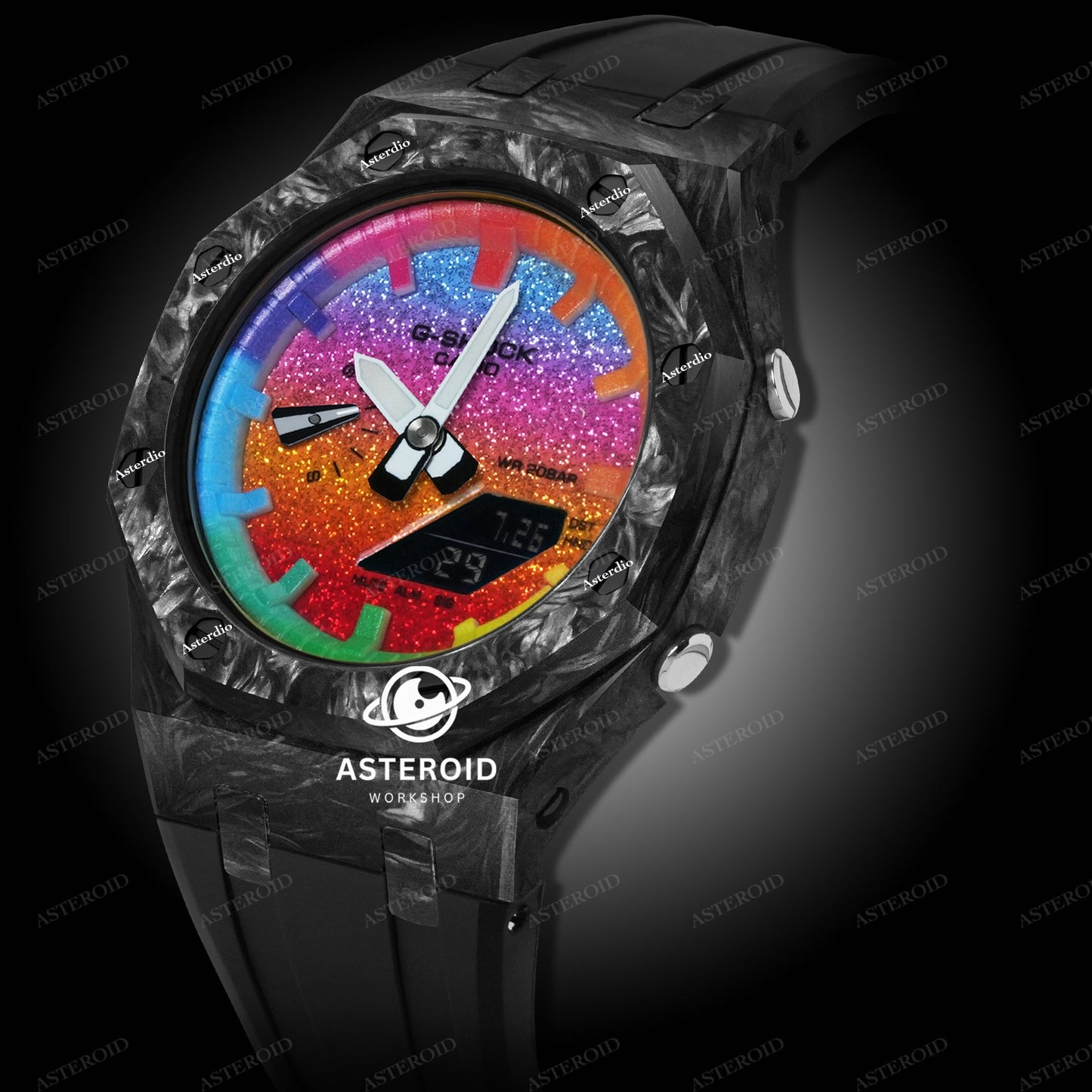 Carbon Fiber Case Black Strap Rainbow Time Mark Black Dial