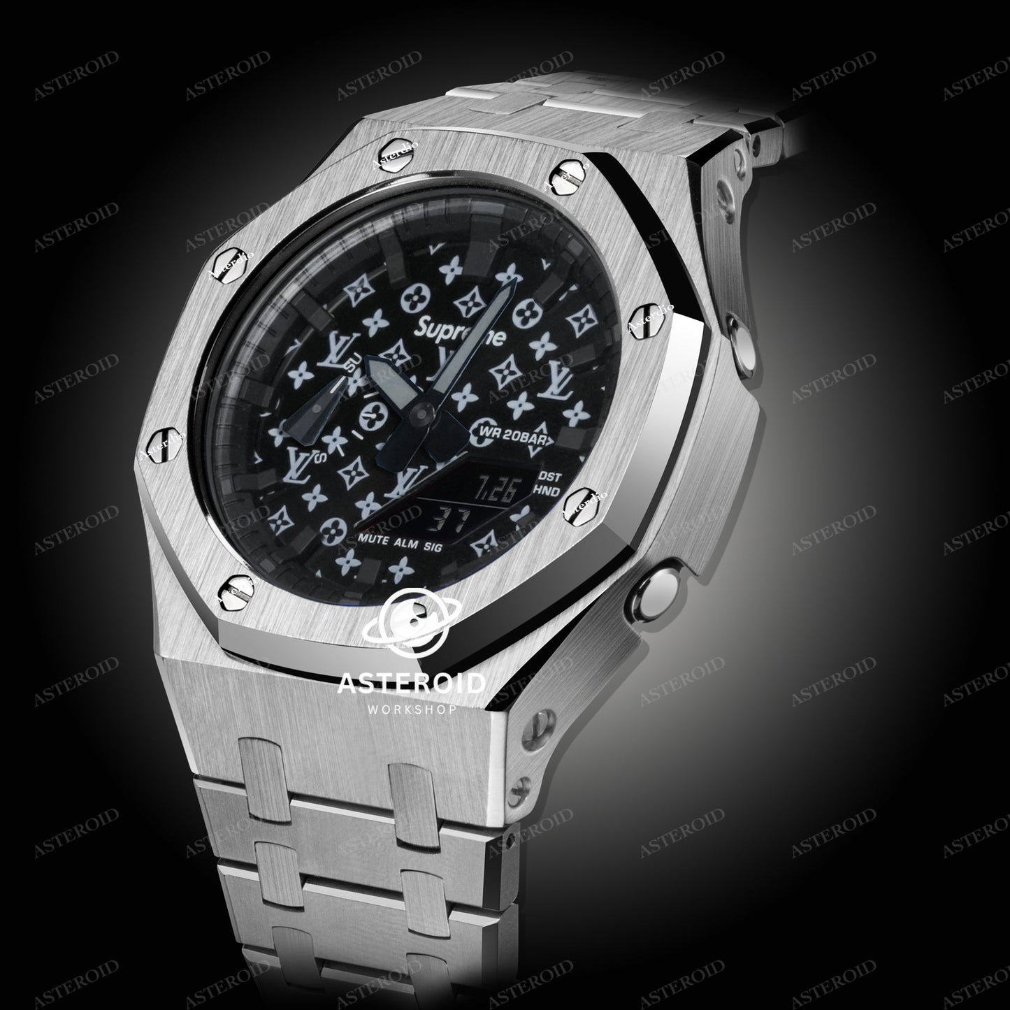 Silver Case Metal Strap Black Time Mark Black Dial