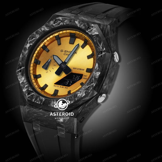 Carbon Fiber Case Black Strap Black Time Mark Gold Dial