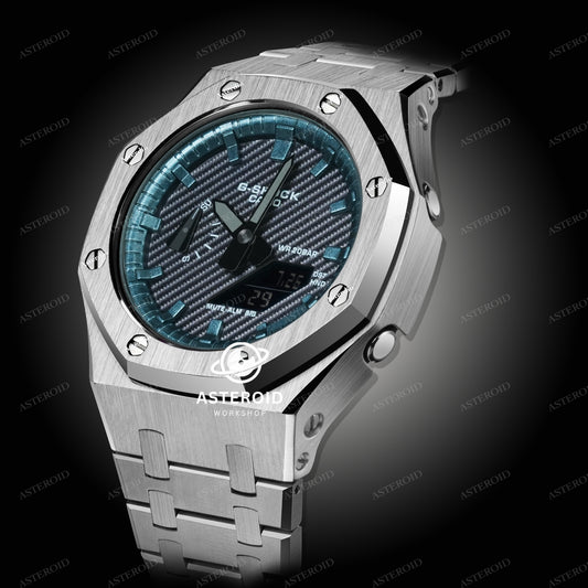 Silver Case Metal Strap Turquoise Time Mark Black Dial