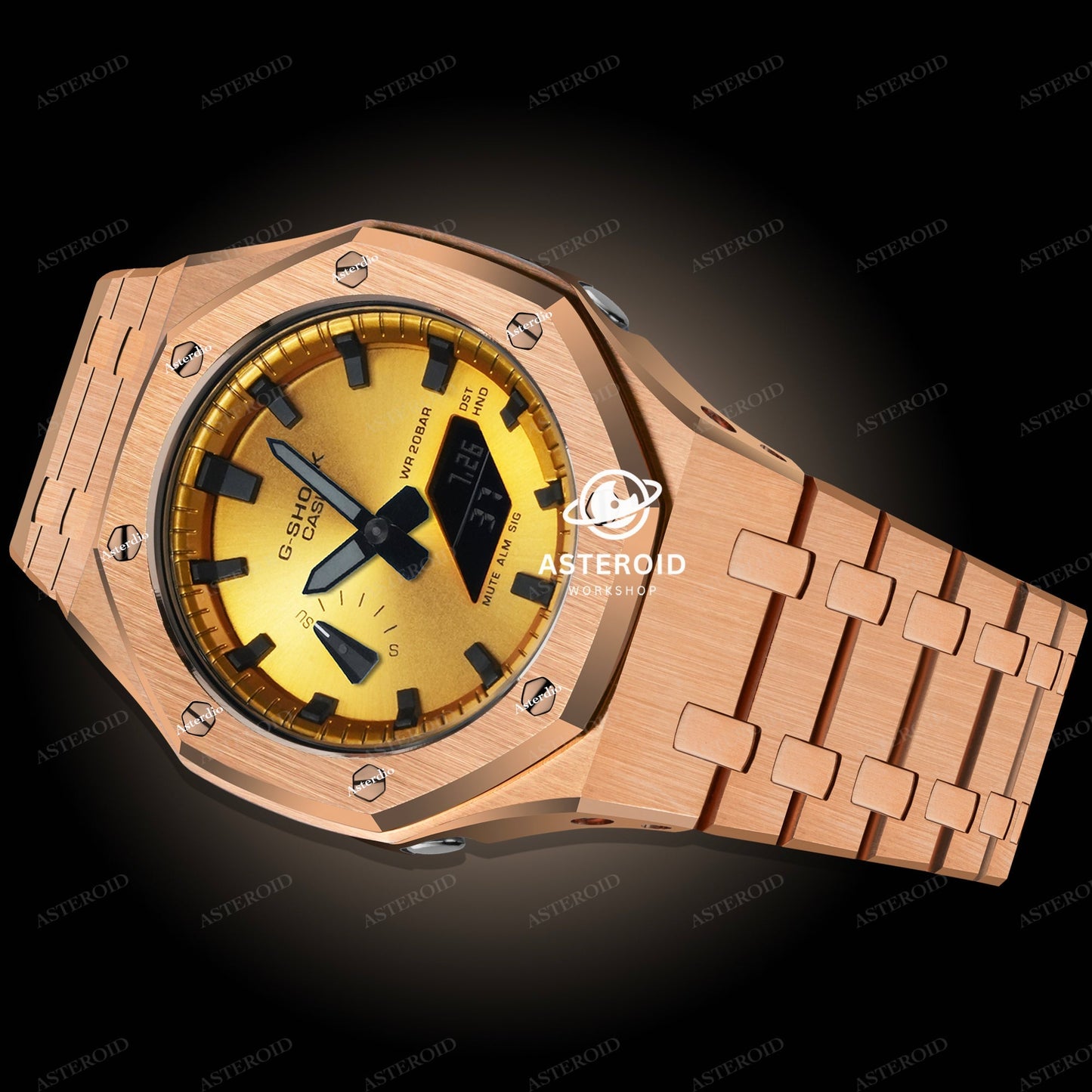 Rose Gold Case Metal Strap Gold Black Time Mark Gold Dial