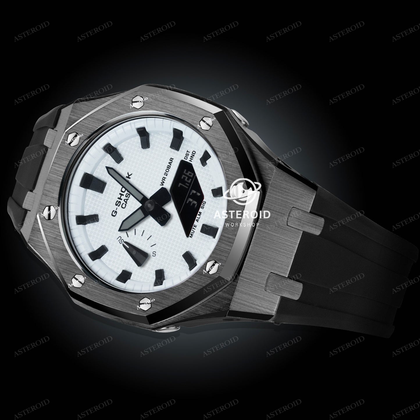 Grey Case Rubber Strap White Black Time Mark White Dial