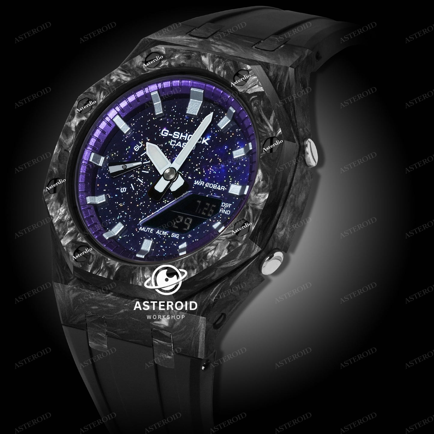 Carbon Fiber Case Black Strap Purple Silver Time Mark Galaxy Dial