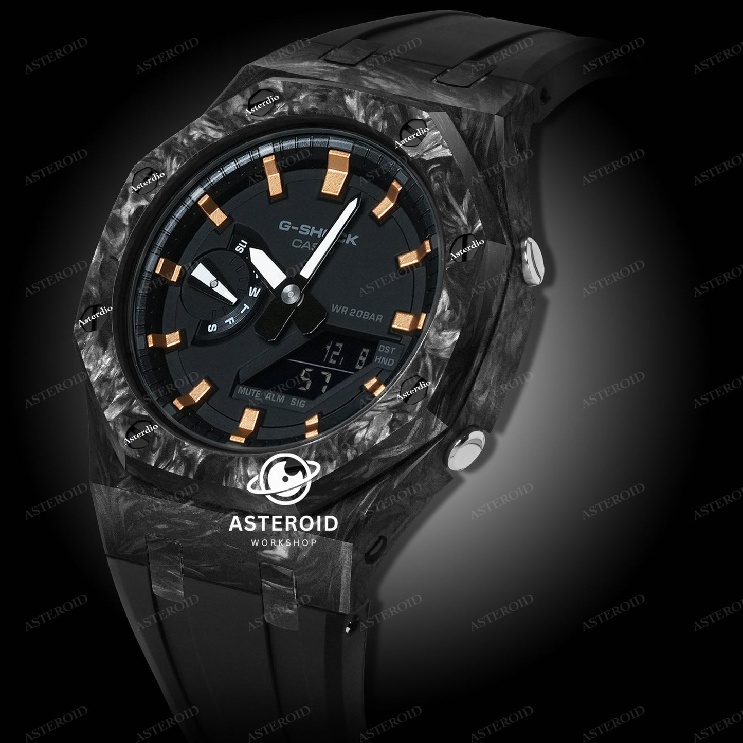 Carbon Fiber Case Black Strap Rose Gold Time Mark Black Dial