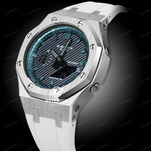 Silver Case White Strap Turquoise Time Mark Black Dial