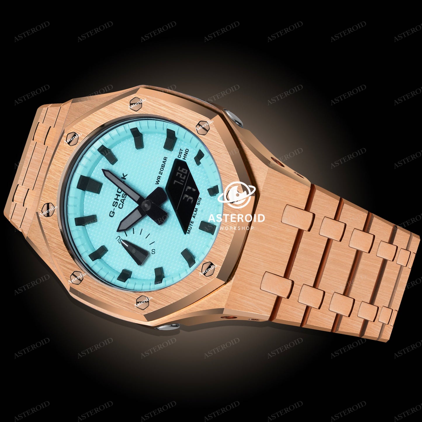 Rose Gold Case Metal Strap Tiffany Black Time Mark Tiffany Dial